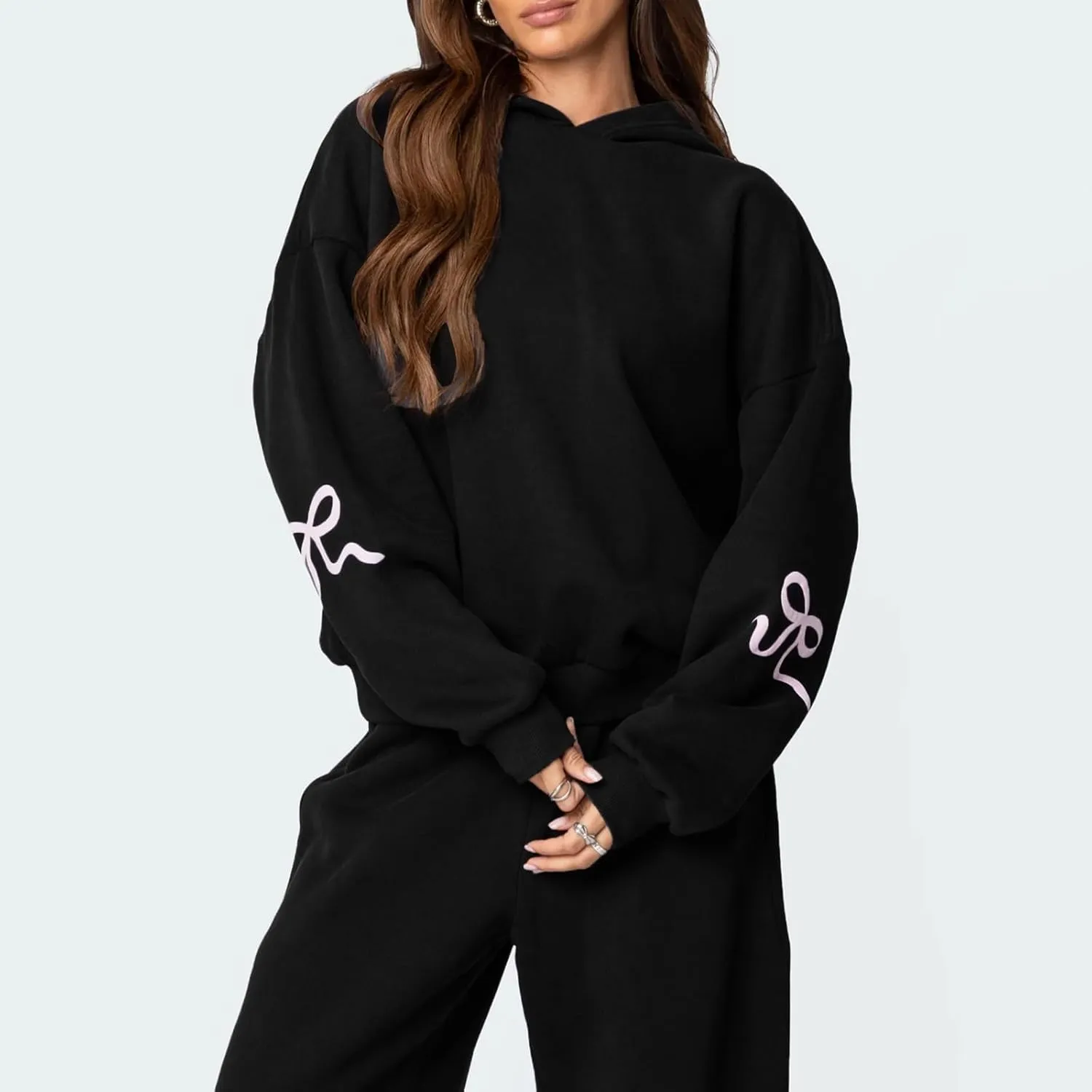 Women 2 Piece Bow Print Tracksuit Outfits Long Sleeve Hoodies Wide Leg Sweatpant Oversized Sweat Set with Pockets