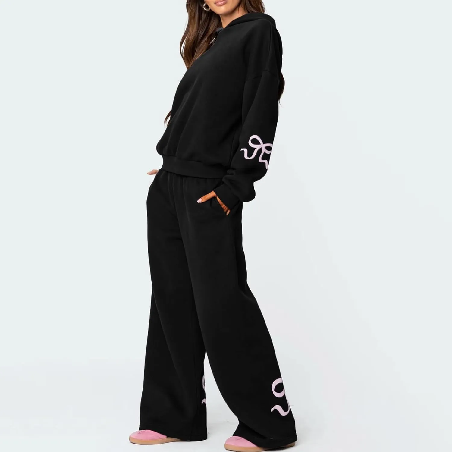 Women 2 Piece Bow Print Tracksuit Outfits Long Sleeve Hoodies Wide Leg Sweatpant Oversized Sweat Set with Pockets