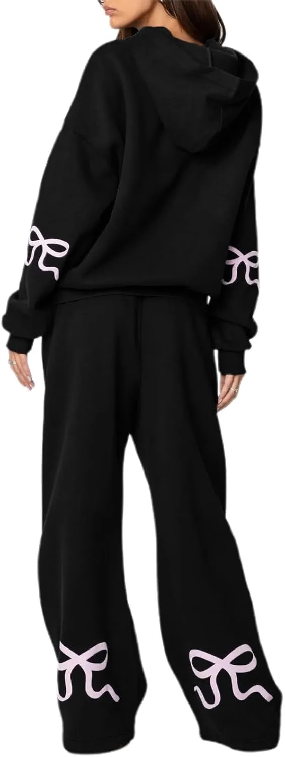 Women 2 Piece Bow Print Tracksuit Outfits Long Sleeve Hoodies Wide Leg Sweatpant Oversized Sweat Set with Pockets