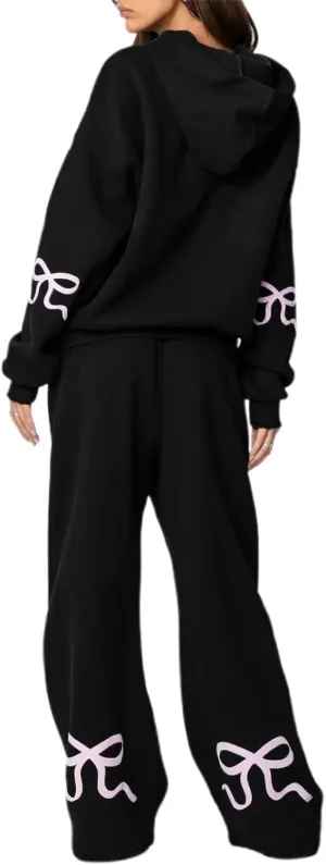 Women 2 Piece Bow Print Tracksuit Outfits Long Sleeve Hoodies Wide Leg Sweatpant Oversized Sweat Set with Pockets