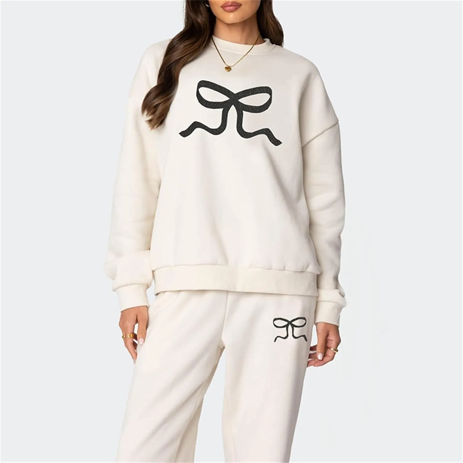 Women 2 Piece Outfits Bow Print Long Sleeve Oversized Sweatshirt Hoodies Baggy Wide Leg Sweatpants Fall Sweatsuits