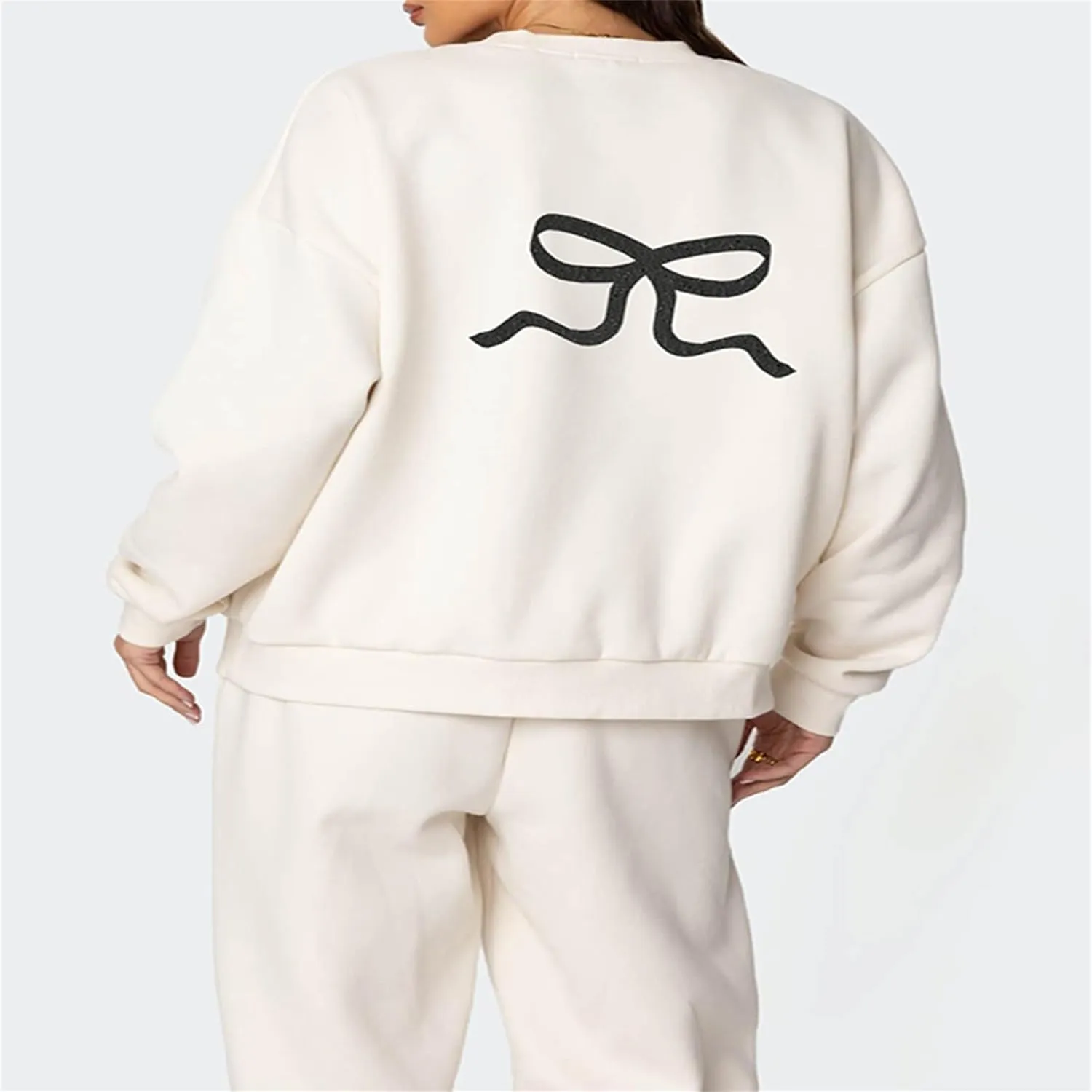 Women 2 Piece Outfits Bow Print Long Sleeve Oversized Sweatshirt Hoodies Baggy Wide Leg Sweatpants Fall Sweatsuits