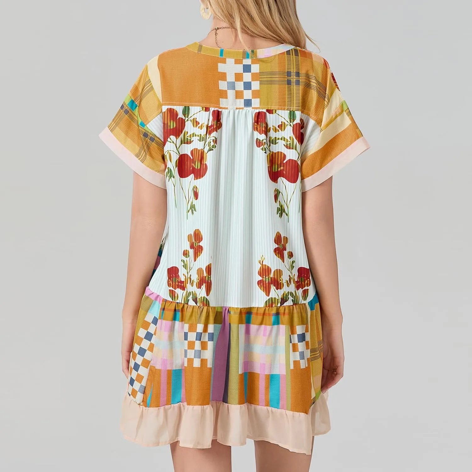 Women Bohemian Floral Mini Dress V Neck Boho Sundress Short Sleeve Flowy Babydoll Dress Summer Beach Dress