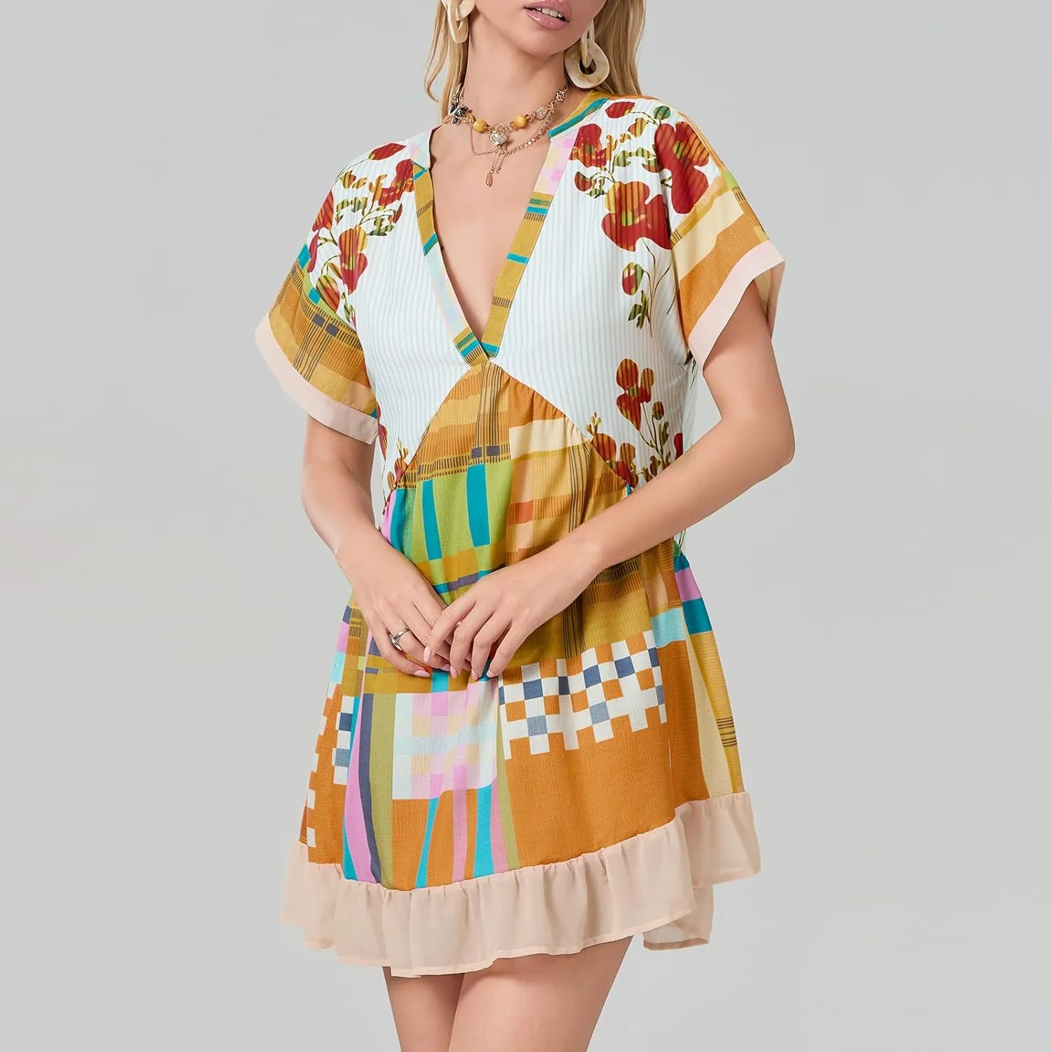 Women Bohemian Floral Mini Dress V Neck Boho Sundress Short Sleeve Flowy Babydoll Dress Summer Beach Dress