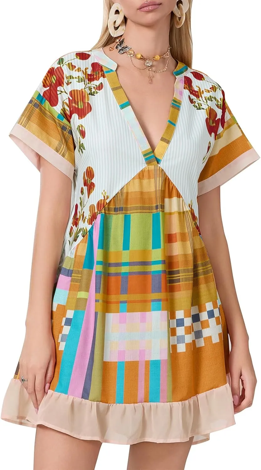 Women Bohemian Floral Mini Dress V Neck Boho Sundress Short Sleeve Flowy Babydoll Dress Summer Beach Dress