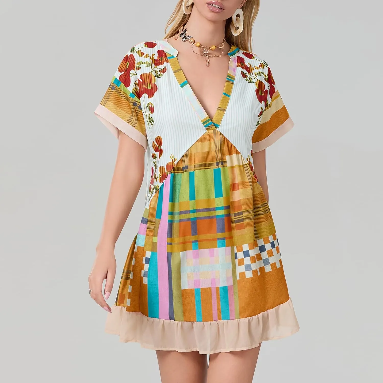 Women Bohemian Floral Mini Dress V Neck Boho Sundress Short Sleeve Flowy Babydoll Dress Summer Beach Dress