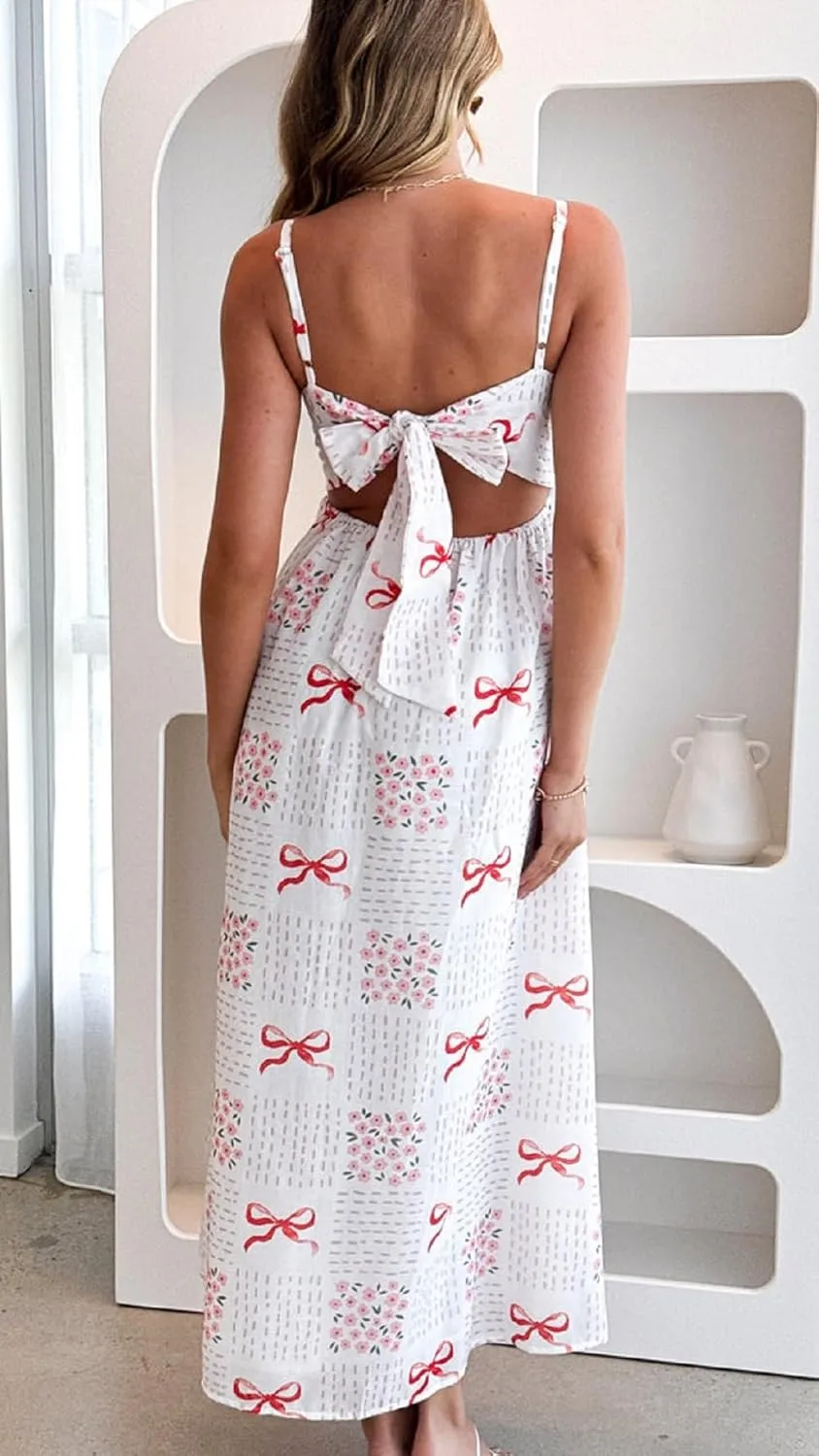 Women Boho Floral Maxi Cami Dress Spaghetti Strap Flowy Long Dress Square Neck A Line Dress Summer Beach Dress