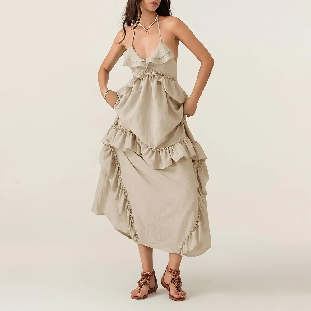 Women Boho Maxi Halter Dress V Neck Ruffle Flowy Long Dress Floral Backless Tiered Sundress Summer Beachwear