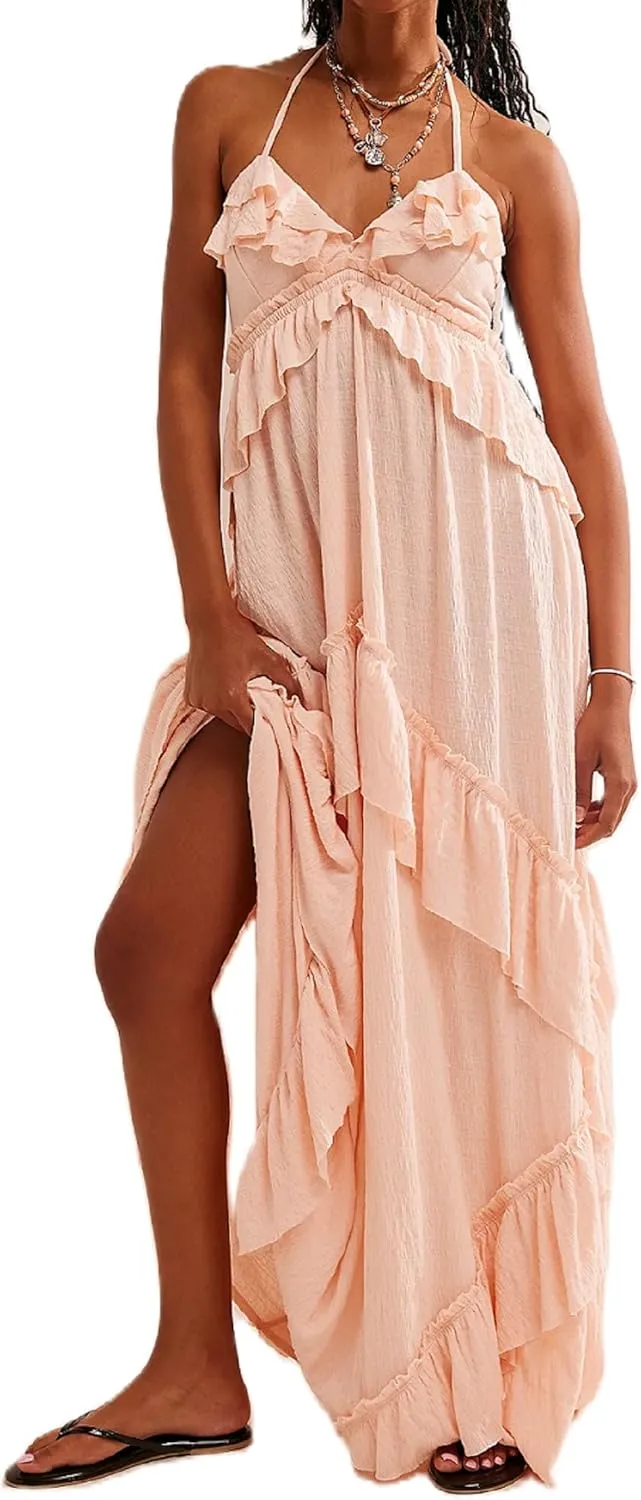 Women Boho Maxi Halter Dress V Neck Ruffle Flowy Long Dress Floral Backless Tiered Sundress Summer Beachwear