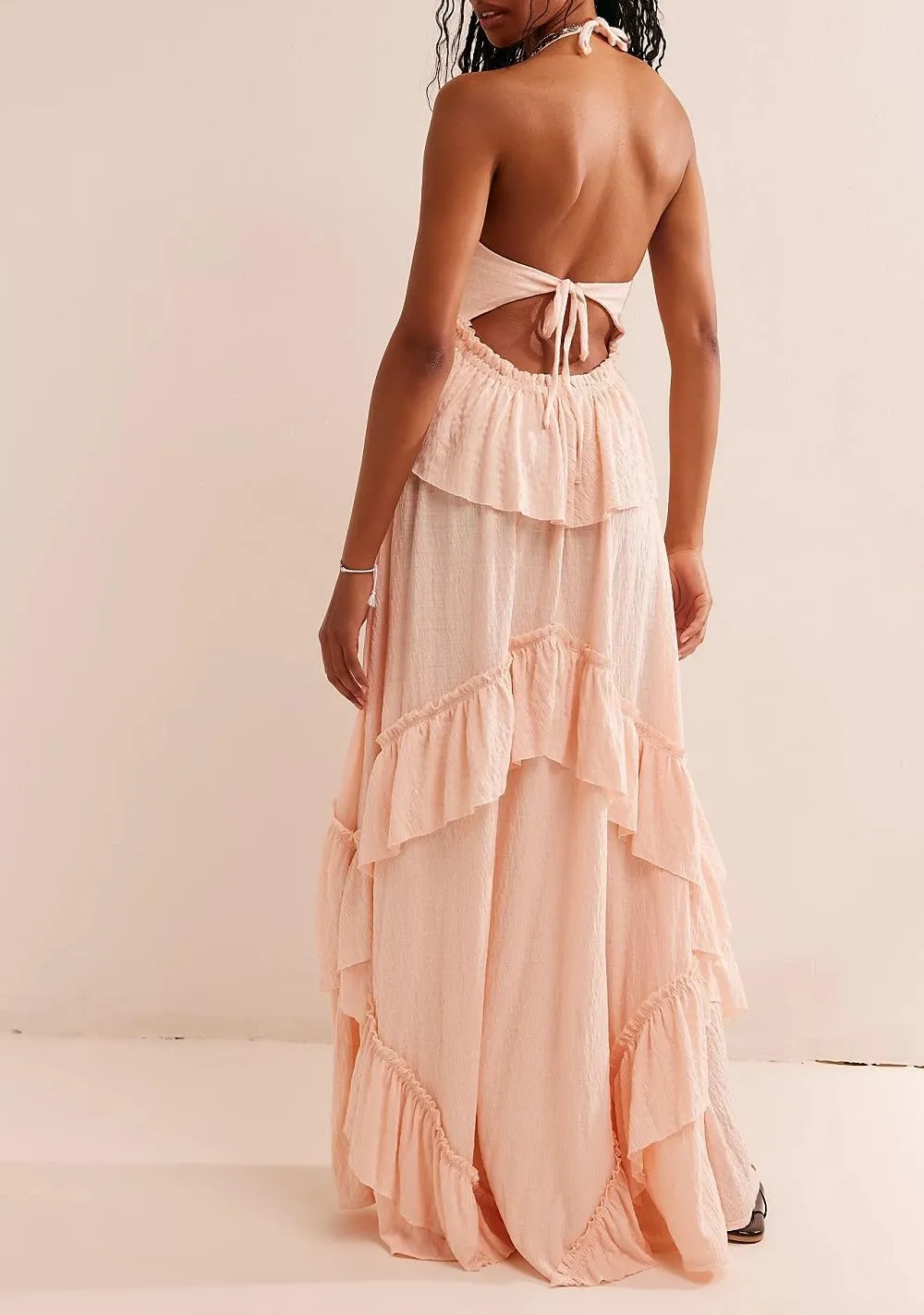 Women Boho Maxi Halter Dress V Neck Ruffle Flowy Long Dress Floral Backless Tiered Sundress Summer Beachwear