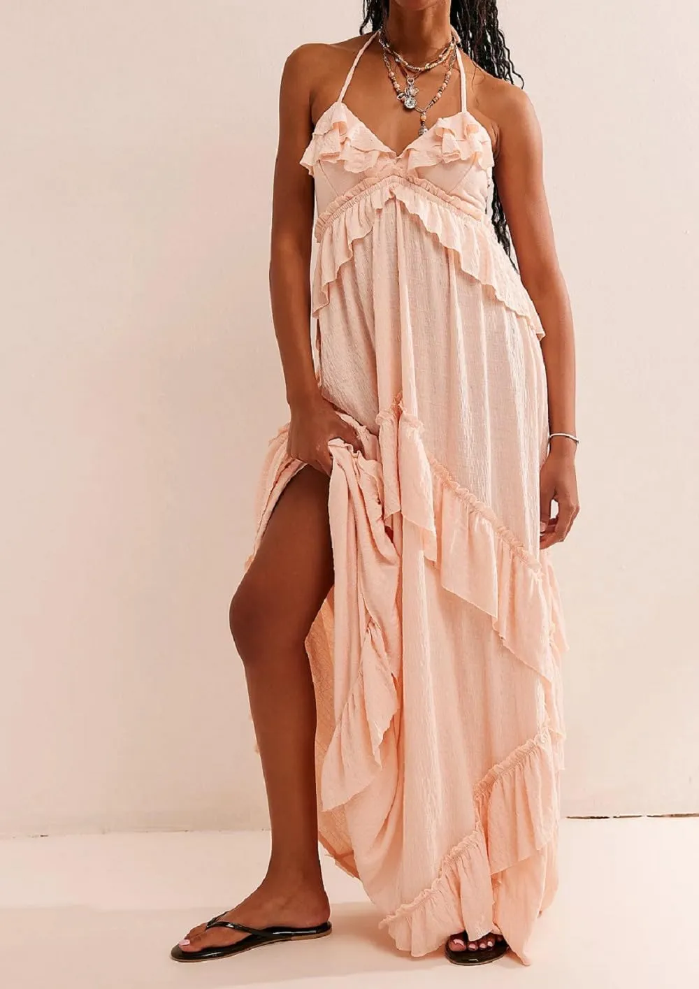 Women Boho Maxi Halter Dress V Neck Ruffle Flowy Long Dress Floral Backless Tiered Sundress Summer Beachwear