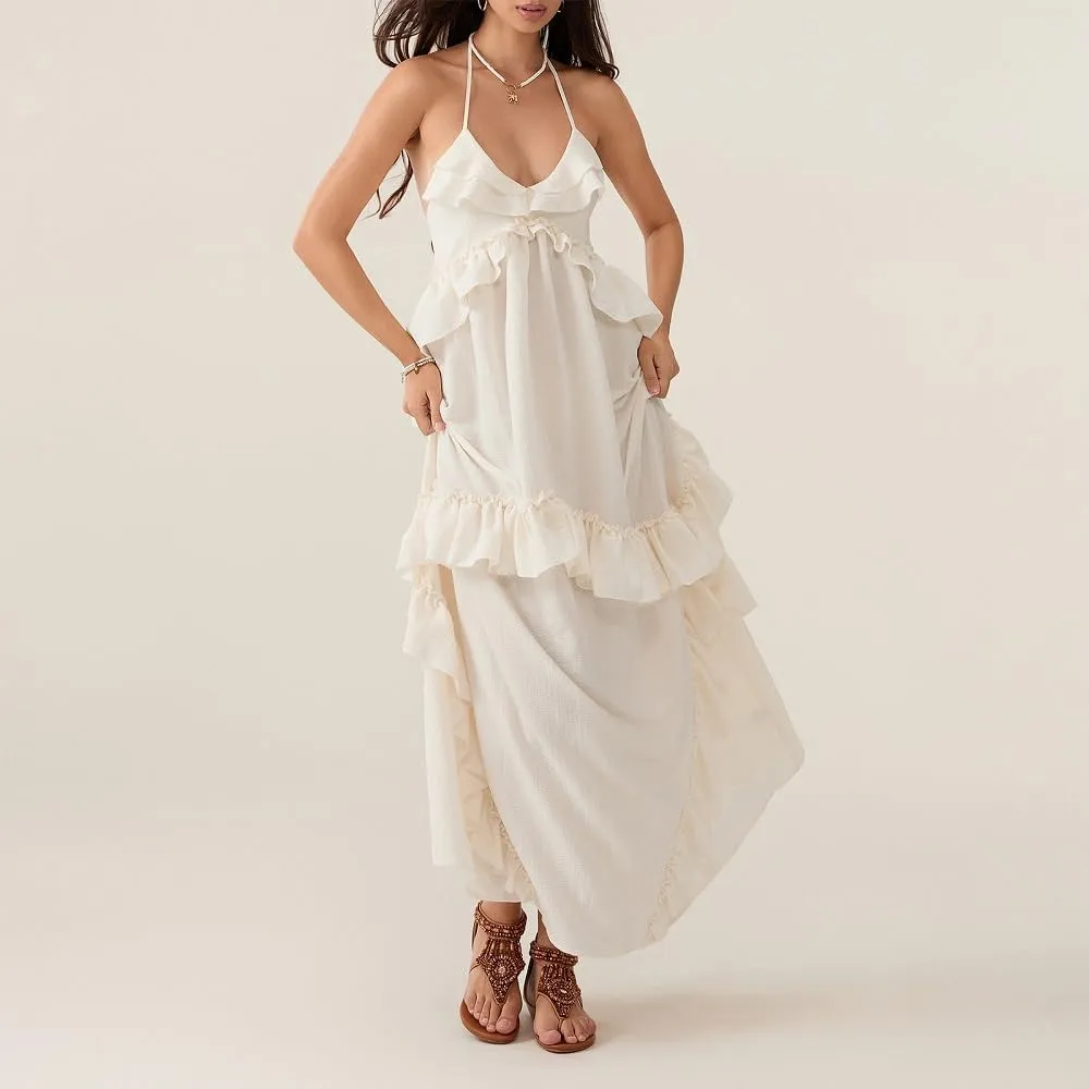 Women Boho Maxi Halter Dress V Neck Ruffle Flowy Long Dress Floral Backless Tiered Sundress Summer Beachwear