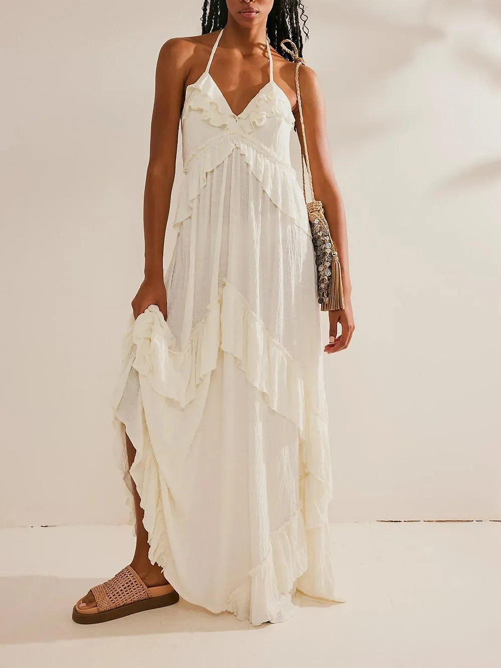 Women Boho Maxi Halter Dress V Neck Ruffle Flowy Long Dress Floral Backless Tiered Sundress Summer Beachwear