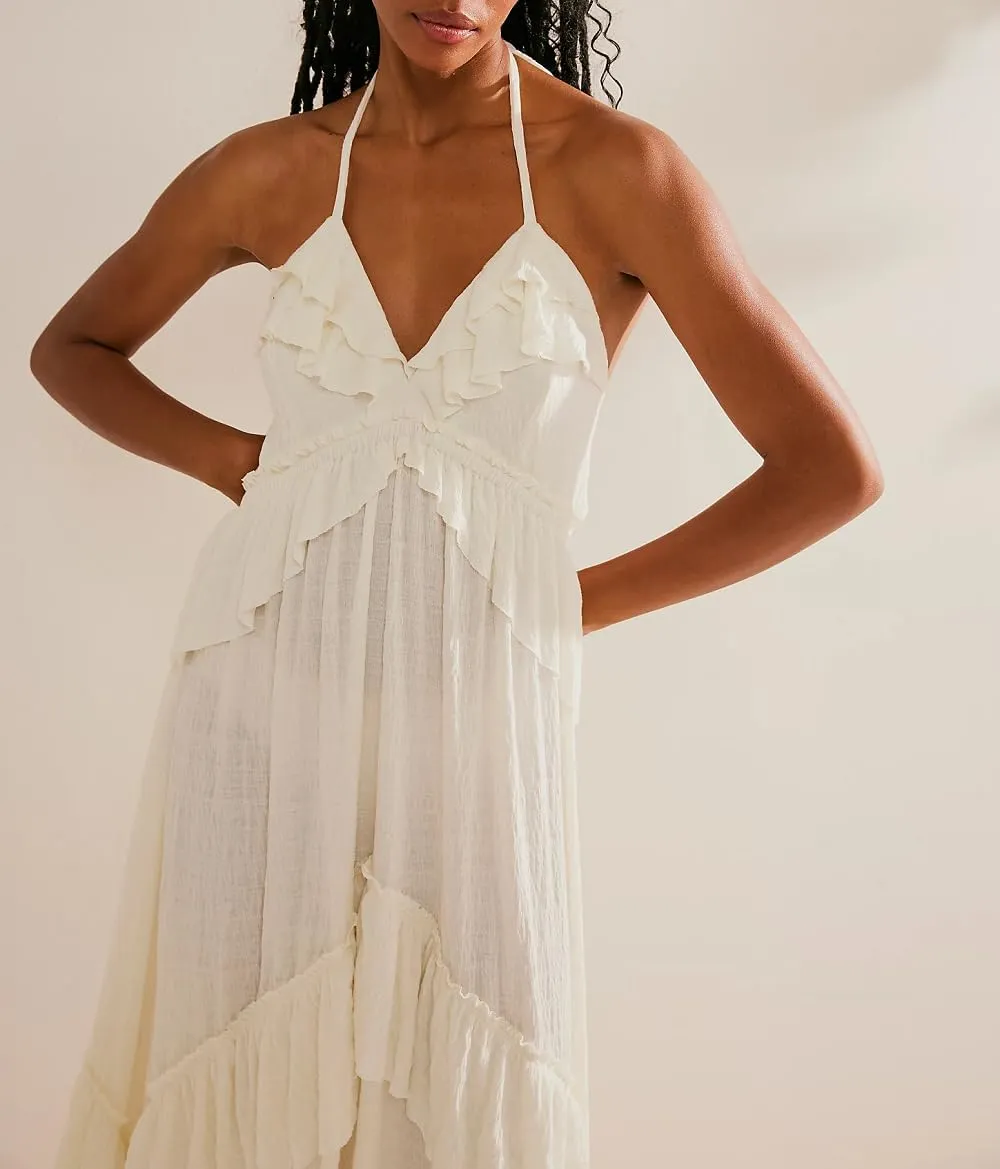 Women Boho Maxi Halter Dress V Neck Ruffle Flowy Long Dress Floral Backless Tiered Sundress Summer Beachwear