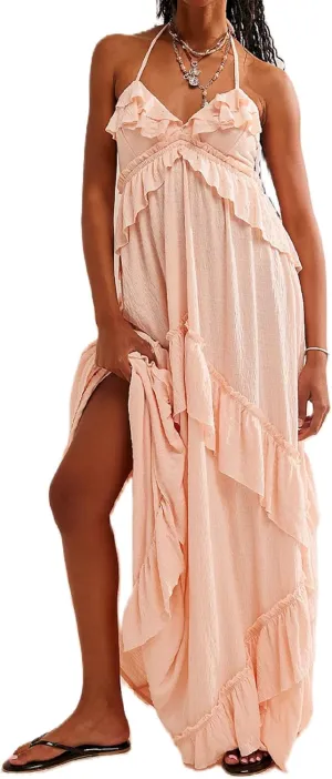 Women Boho Maxi Halter Dress V Neck Ruffle Flowy Long Dress Floral Backless Tiered Sundress Summer Beachwear