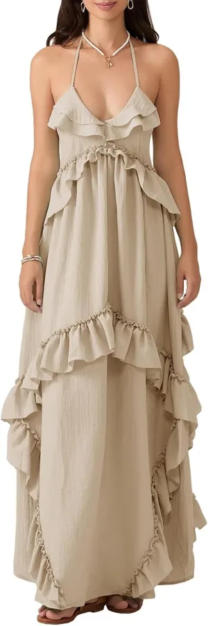 Women Boho Maxi Halter Dress V Neck Ruffle Flowy Long Dress Floral Backless Tiered Sundress Summer Beachwear