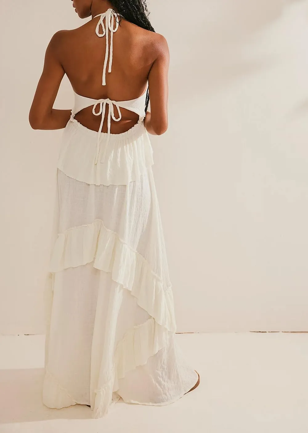 Women Boho Maxi Halter Dress V Neck Ruffle Flowy Long Dress Floral Backless Tiered Sundress Summer Beachwear