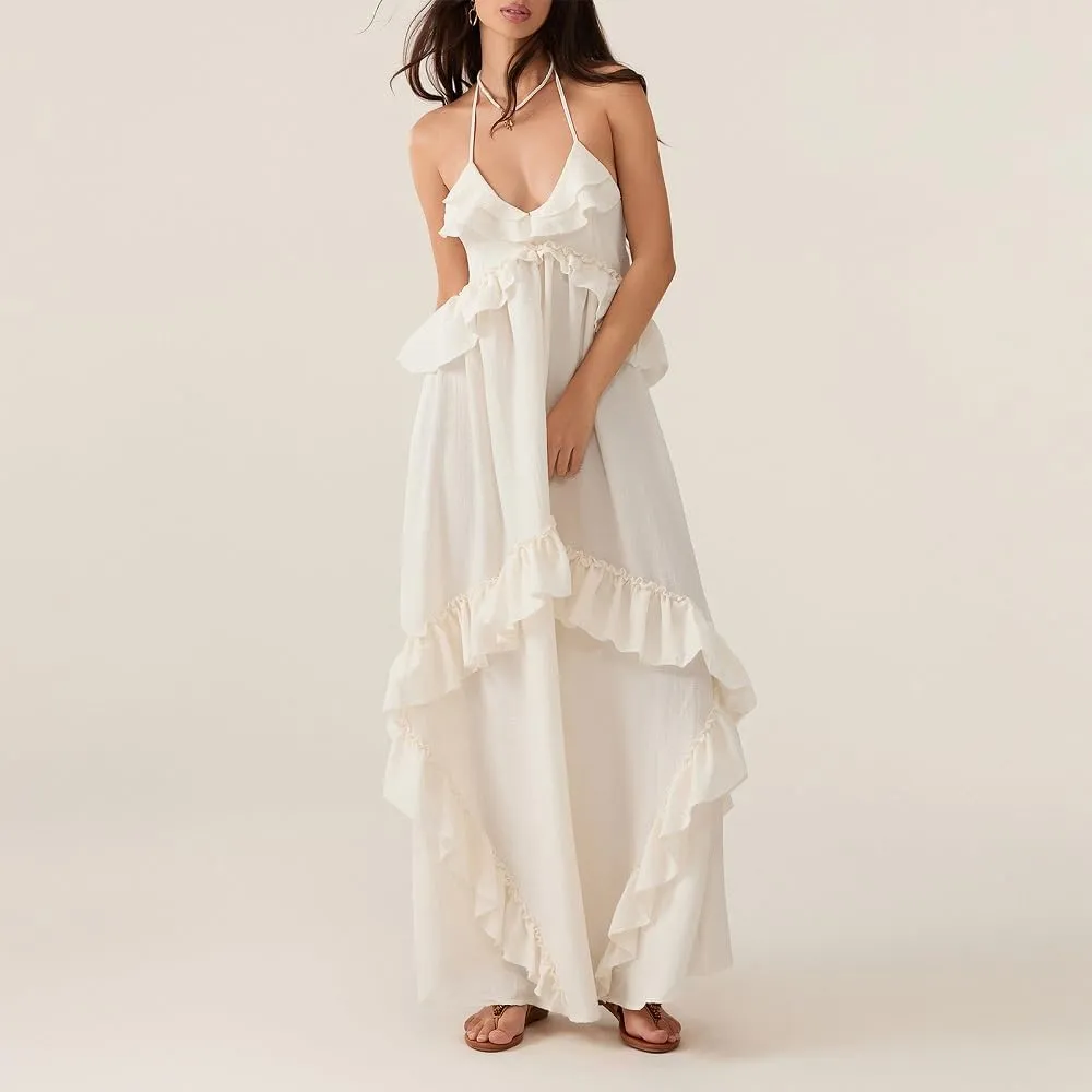Women Boho Maxi Halter Dress V Neck Ruffle Flowy Long Dress Floral Backless Tiered Sundress Summer Beachwear