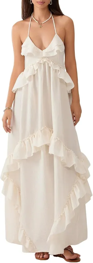 Women Boho Maxi Halter Dress V Neck Ruffle Flowy Long Dress Floral Backless Tiered Sundress Summer Beachwear