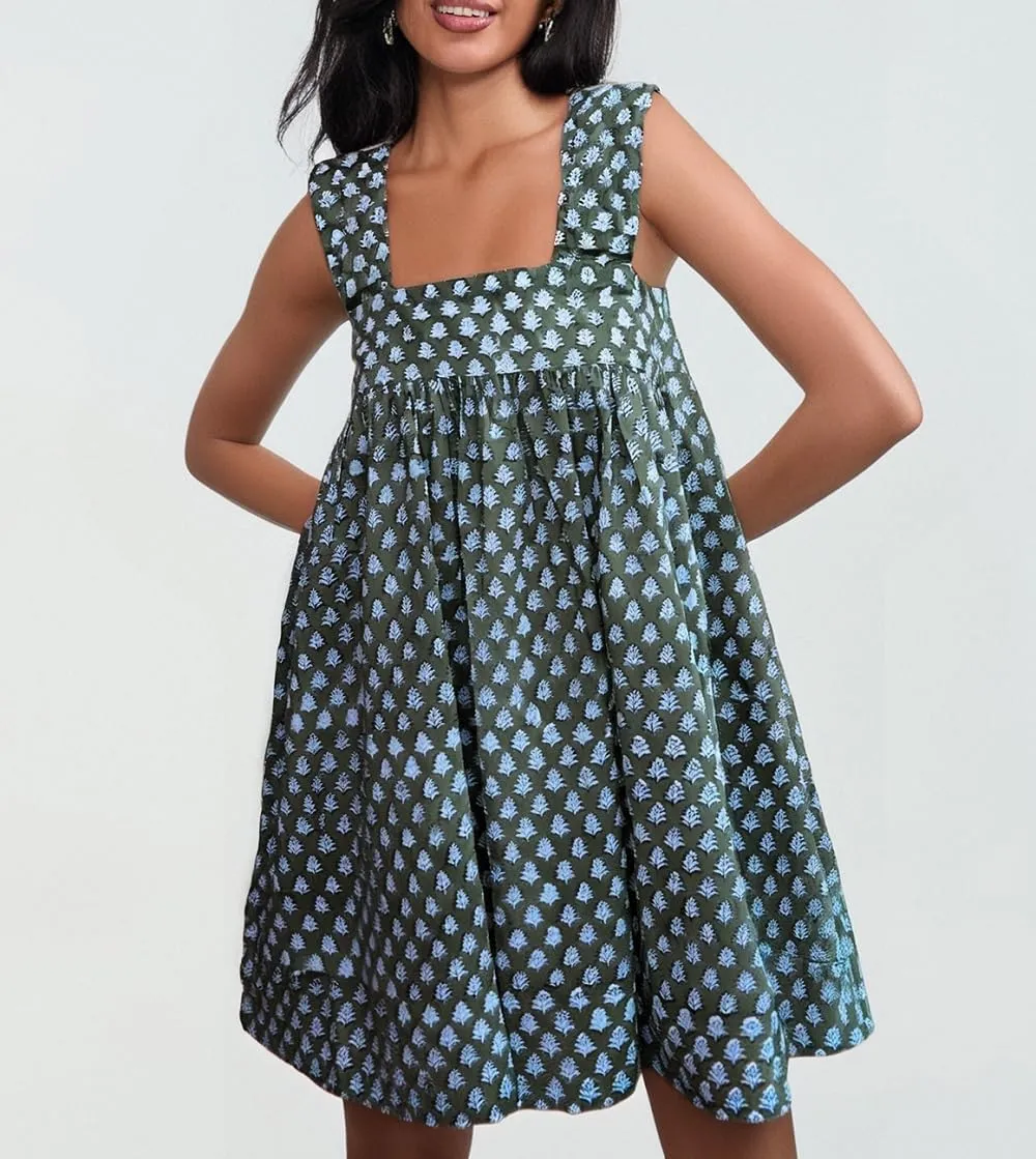 Women Floral Tie Shoulder Mini Dress Bow Square Neck Babydoll Dress Boho Flowy Sundress Summer Going Out Dres