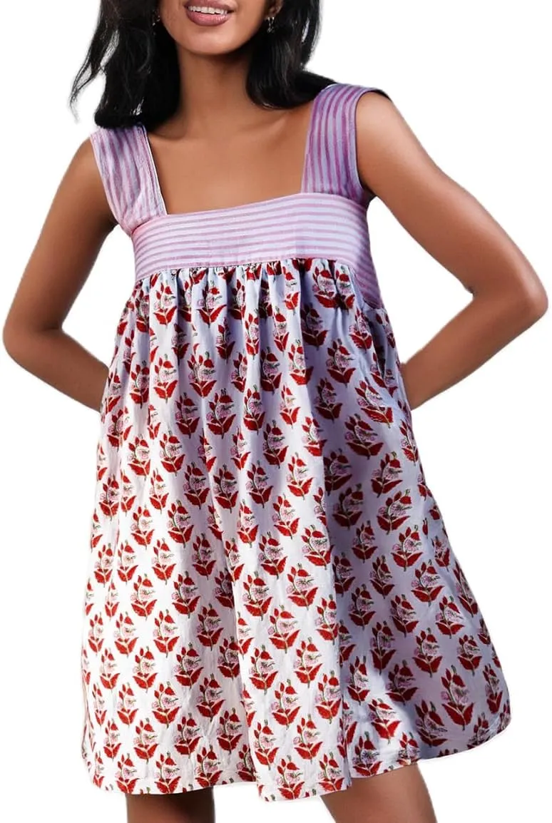 Women Floral Tie Shoulder Mini Dress Bow Square Neck Babydoll Dress Boho Flowy Sundress Summer Going Out Dres