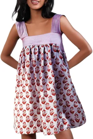 Women Floral Tie Shoulder Mini Dress Bow Square Neck Babydoll Dress Boho Flowy Sundress Summer Going Out Dres