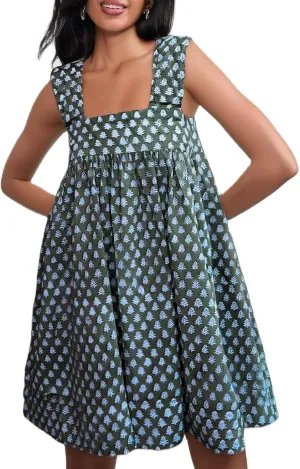 Women Floral Tie Shoulder Mini Dress Bow Square Neck Babydoll Dress Boho Flowy Sundress Summer Going Out Dres