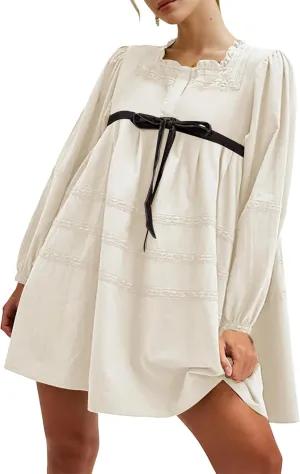 Women Flowy Long Puff Sleeve Mini Dress Casual Square Neck Lace Embroidered Babydoll Dress Bow Tie A-line Tunic Dress