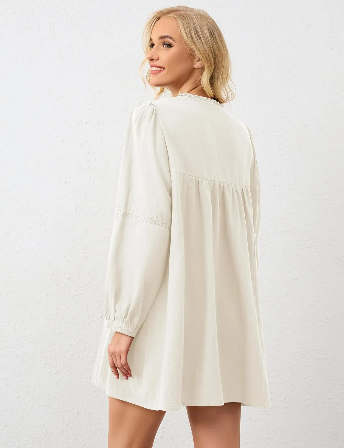 Women Flowy Long Puff Sleeve Mini Dress Casual Square Neck Lace Embroidered Babydoll Dress Bow Tie A-line Tunic Dress