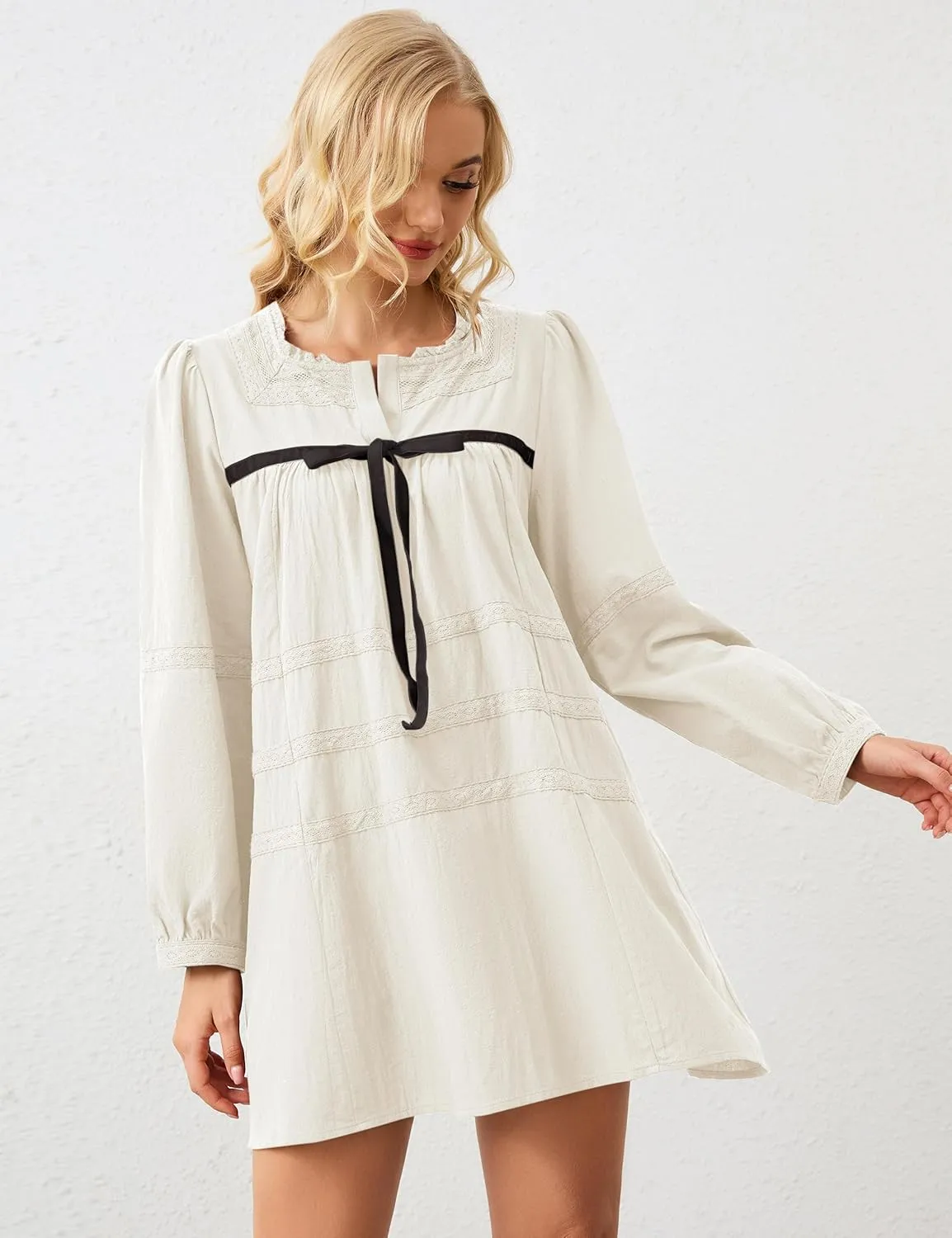 Women Flowy Long Puff Sleeve Mini Dress Casual Square Neck Lace Embroidered Babydoll Dress Bow Tie A-line Tunic Dress