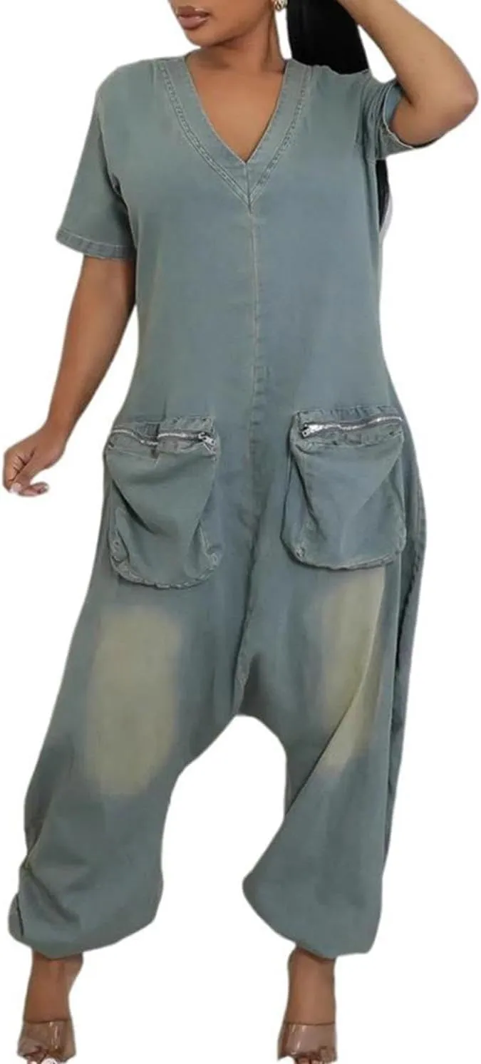 Women Jean Jumpsuits Loose Casual Short Sleeve Baggy Harem Pants Romper with Pocket