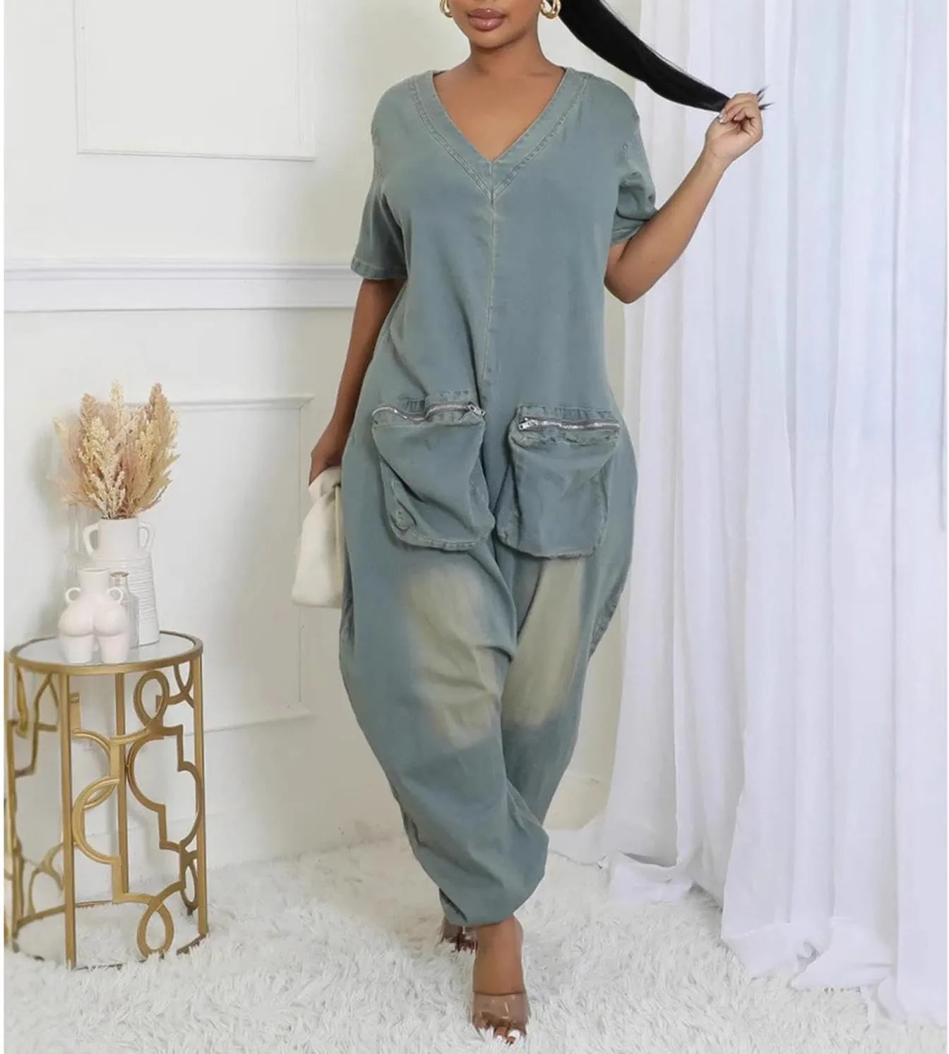 Women Jean Jumpsuits Loose Casual Short Sleeve Baggy Harem Pants Romper with Pocket