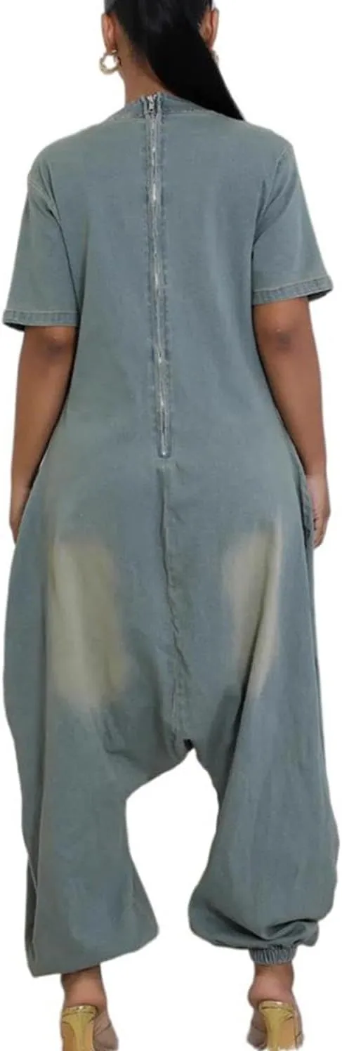 Women Jean Jumpsuits Loose Casual Short Sleeve Baggy Harem Pants Romper with Pocket