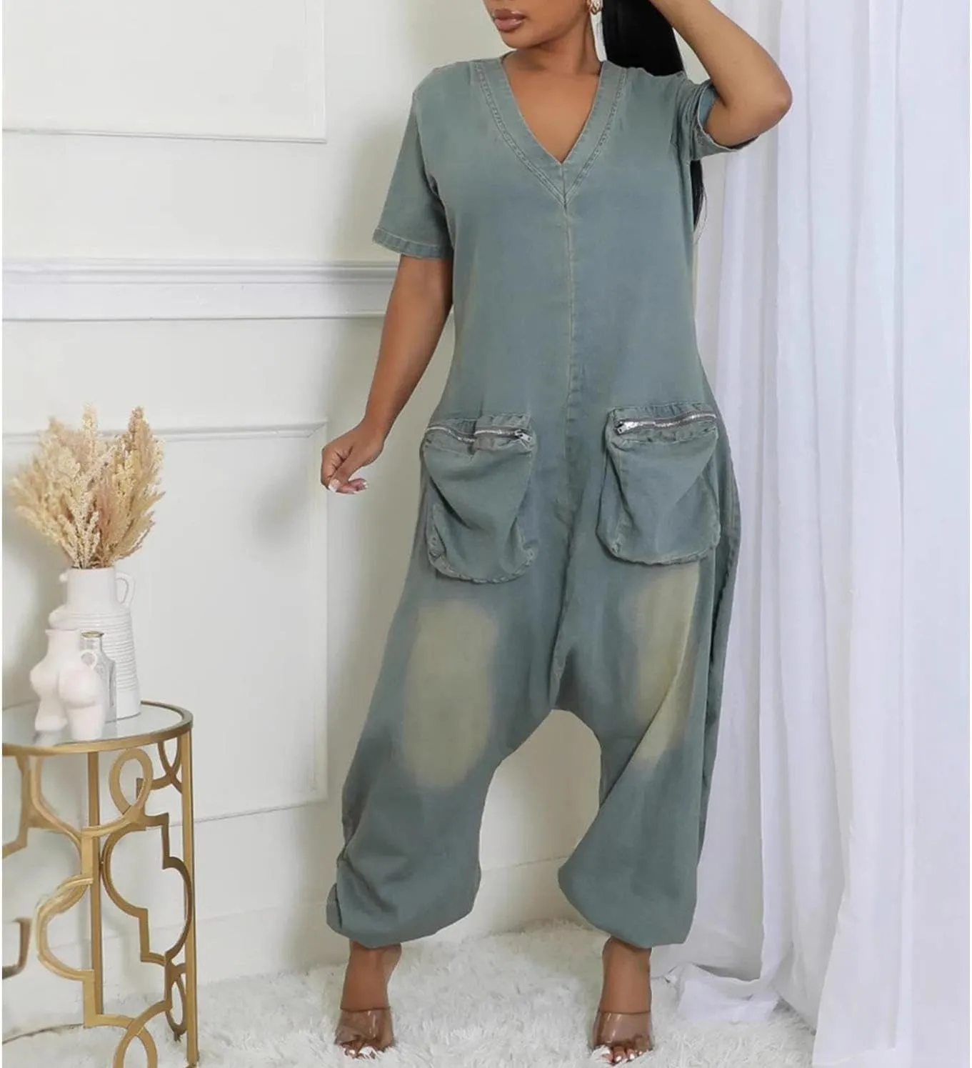 Women Jean Jumpsuits Loose Casual Short Sleeve Baggy Harem Pants Romper with Pocket