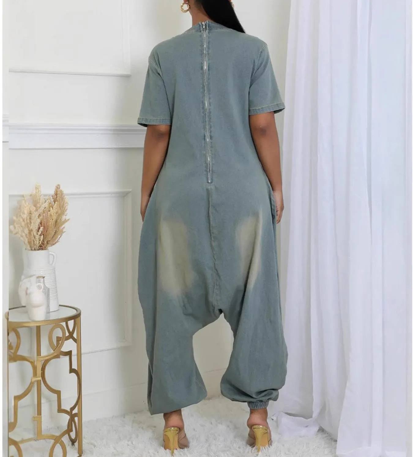 Women Jean Jumpsuits Loose Casual Short Sleeve Baggy Harem Pants Romper with Pocket