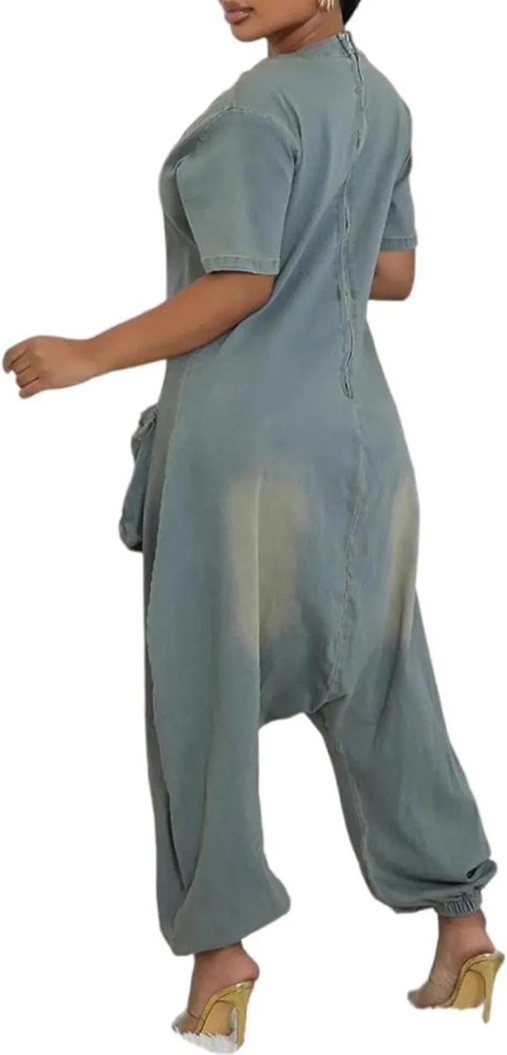 Women Jean Jumpsuits Loose Casual Short Sleeve Baggy Harem Pants Romper with Pocket