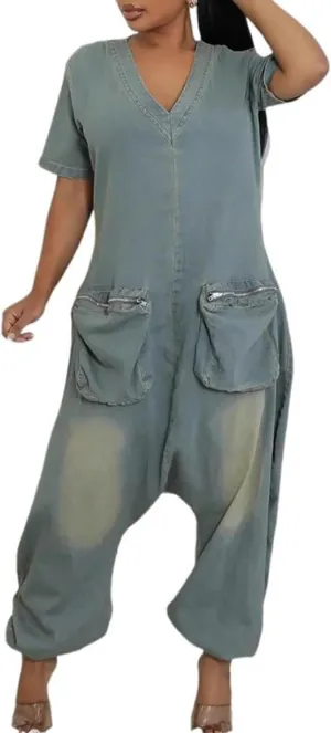 Women Jean Jumpsuits Loose Casual Short Sleeve Baggy Harem Pants Romper with Pocket
