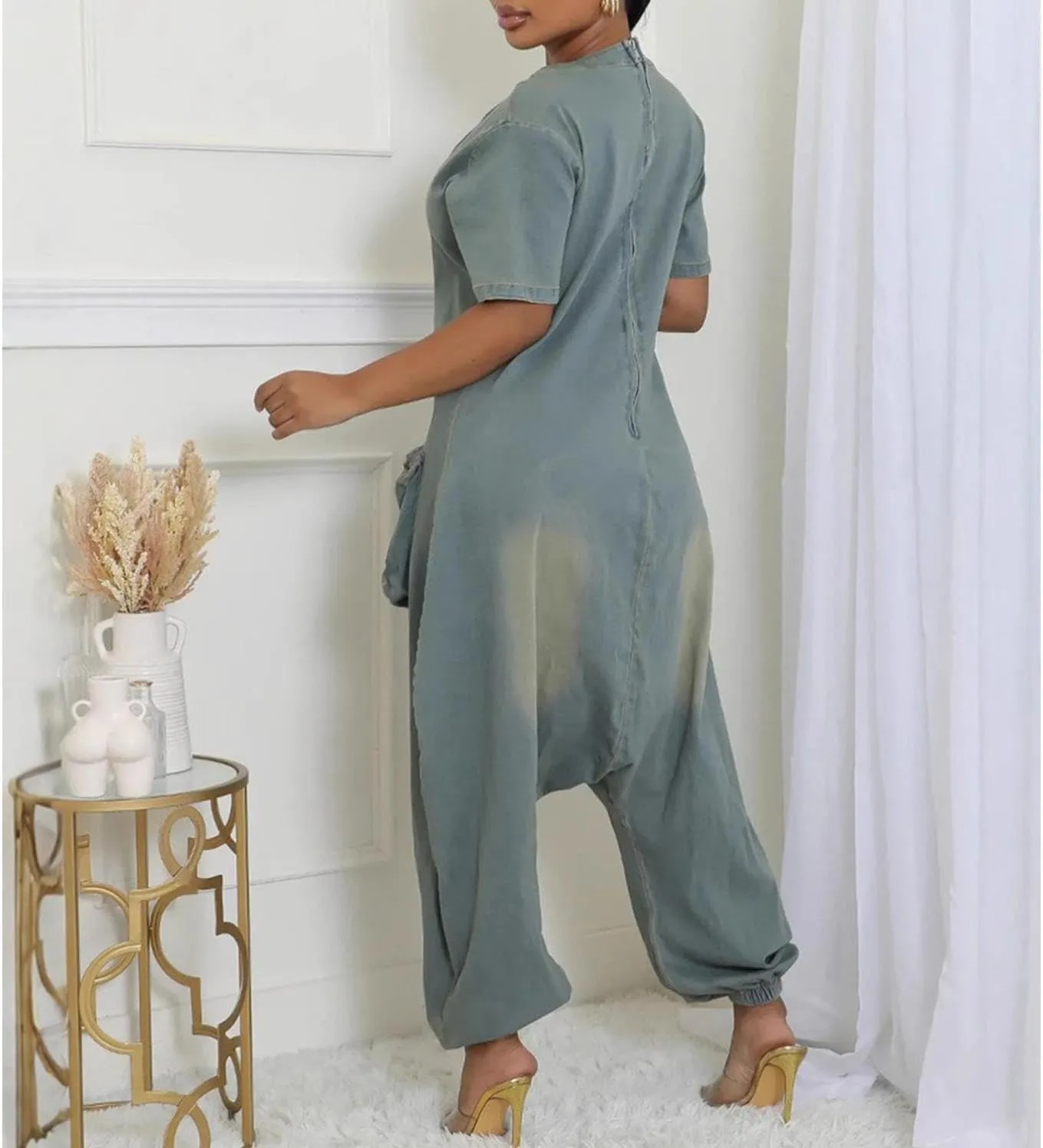 Women Jean Jumpsuits Loose Casual Short Sleeve Baggy Harem Pants Romper with Pocket