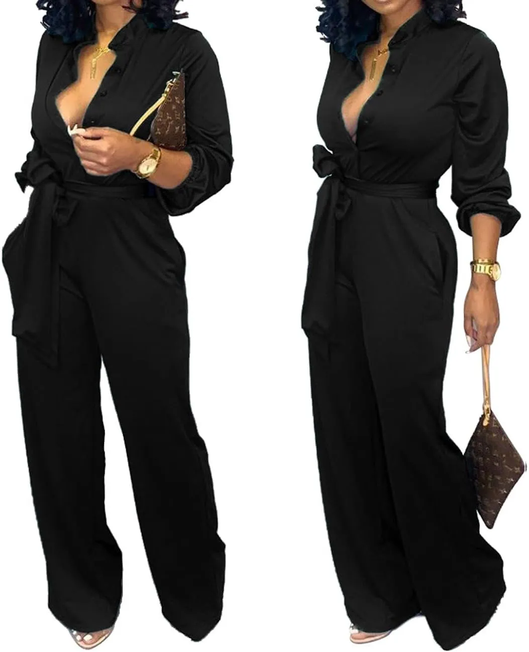 Women Jumpsuits For Elegant Sexy V Neck Long Sleeve Casual for Work Wide Leg Pants with Pockets Belt