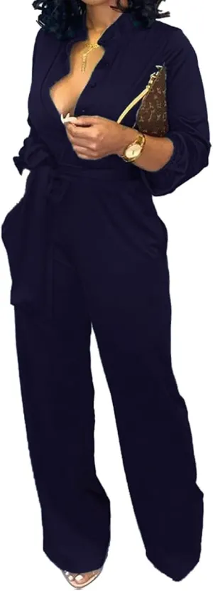 Women Jumpsuits For Elegant Sexy V Neck Long Sleeve Casual for Work Wide Leg Pants with Pockets Belt