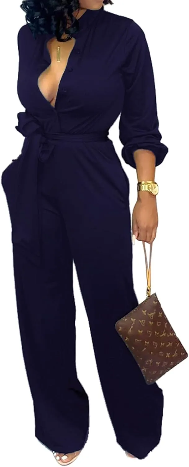 Women Jumpsuits For Elegant Sexy V Neck Long Sleeve Casual for Work Wide Leg Pants with Pockets Belt