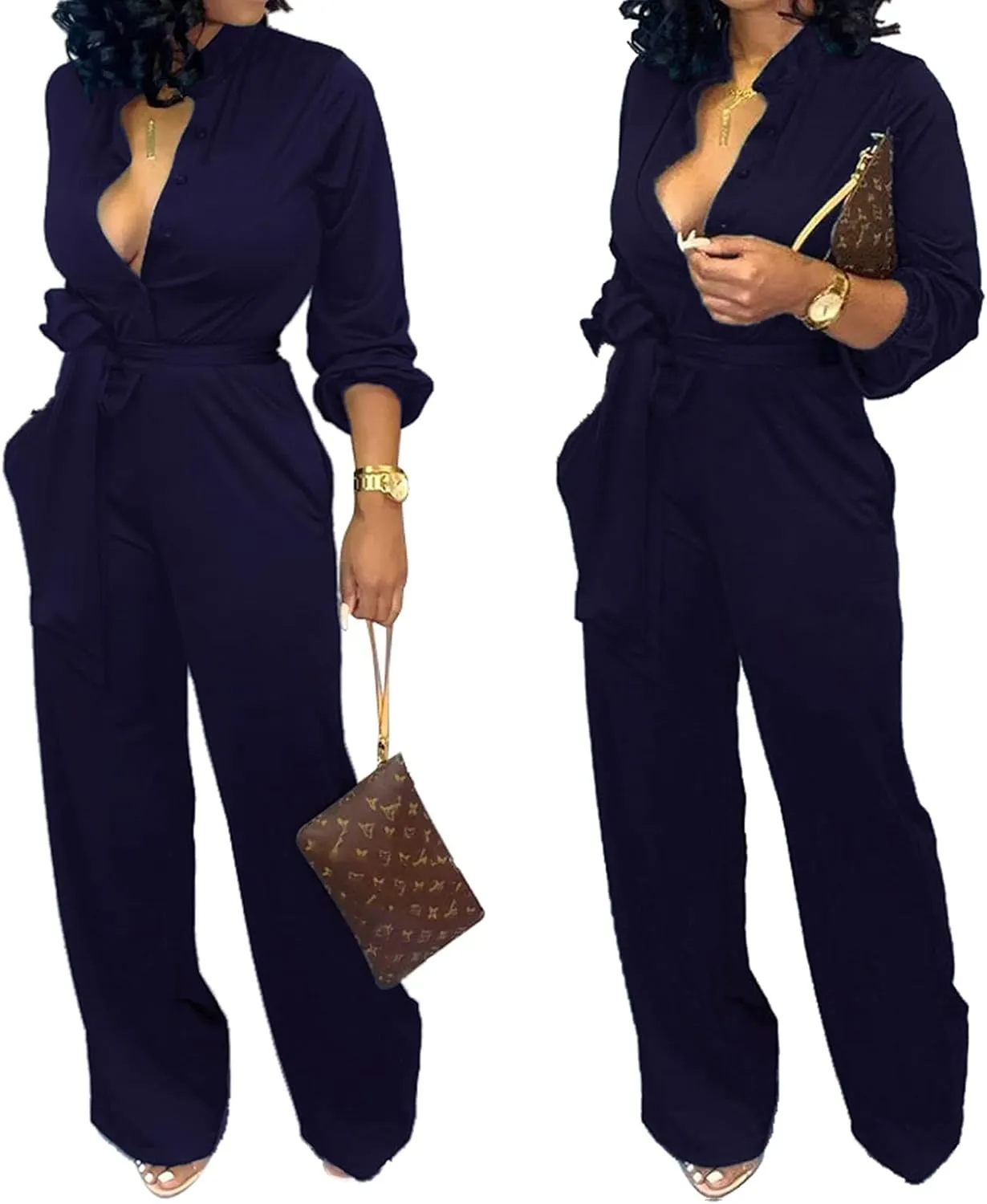 Women Jumpsuits For Elegant Sexy V Neck Long Sleeve Casual for Work Wide Leg Pants with Pockets Belt