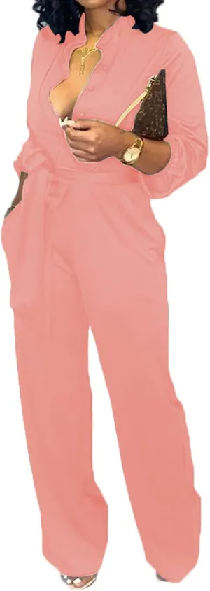 Women Jumpsuits For Elegant Sexy V Neck Long Sleeve Casual for Work Wide Leg Pants with Pockets Belt