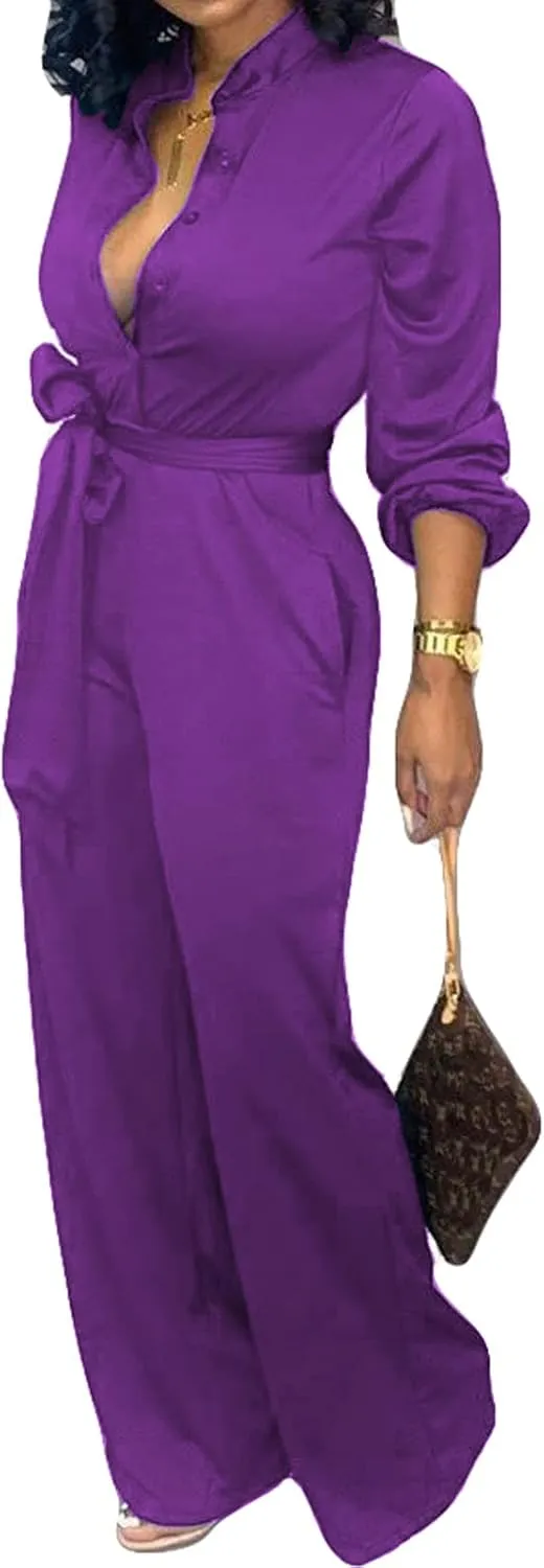 Women Jumpsuits For Elegant Sexy V Neck Long Sleeve Casual for Work Wide Leg Pants with Pockets Belt