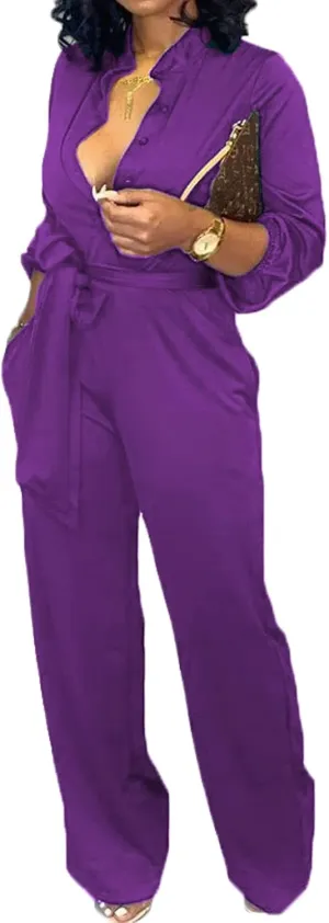 Women Jumpsuits For Elegant Sexy V Neck Long Sleeve Casual for Work Wide Leg Pants with Pockets Belt