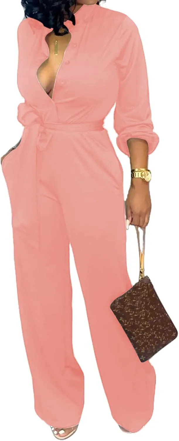 Women Jumpsuits For Elegant Sexy V Neck Long Sleeve Casual for Work Wide Leg Pants with Pockets Belt