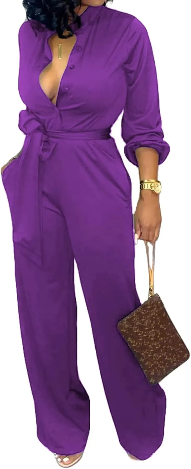 Women Jumpsuits For Elegant Sexy V Neck Long Sleeve Casual for Work Wide Leg Pants with Pockets Belt