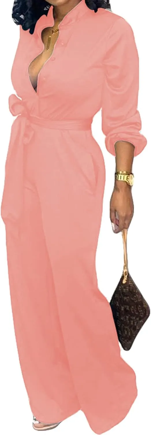 Women Jumpsuits For Elegant Sexy V Neck Long Sleeve Casual for Work Wide Leg Pants with Pockets Belt
