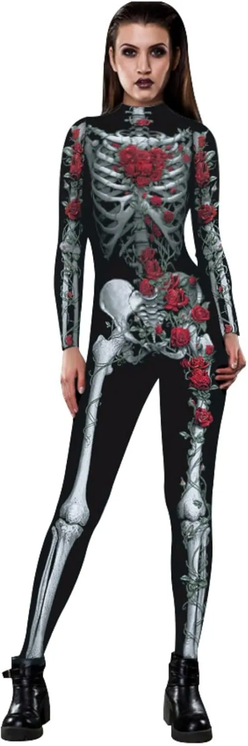 Women Ladies Halloween Cosplay Skull Skeleton Costume Jumpsuits Stretch Skinny Catsuit
