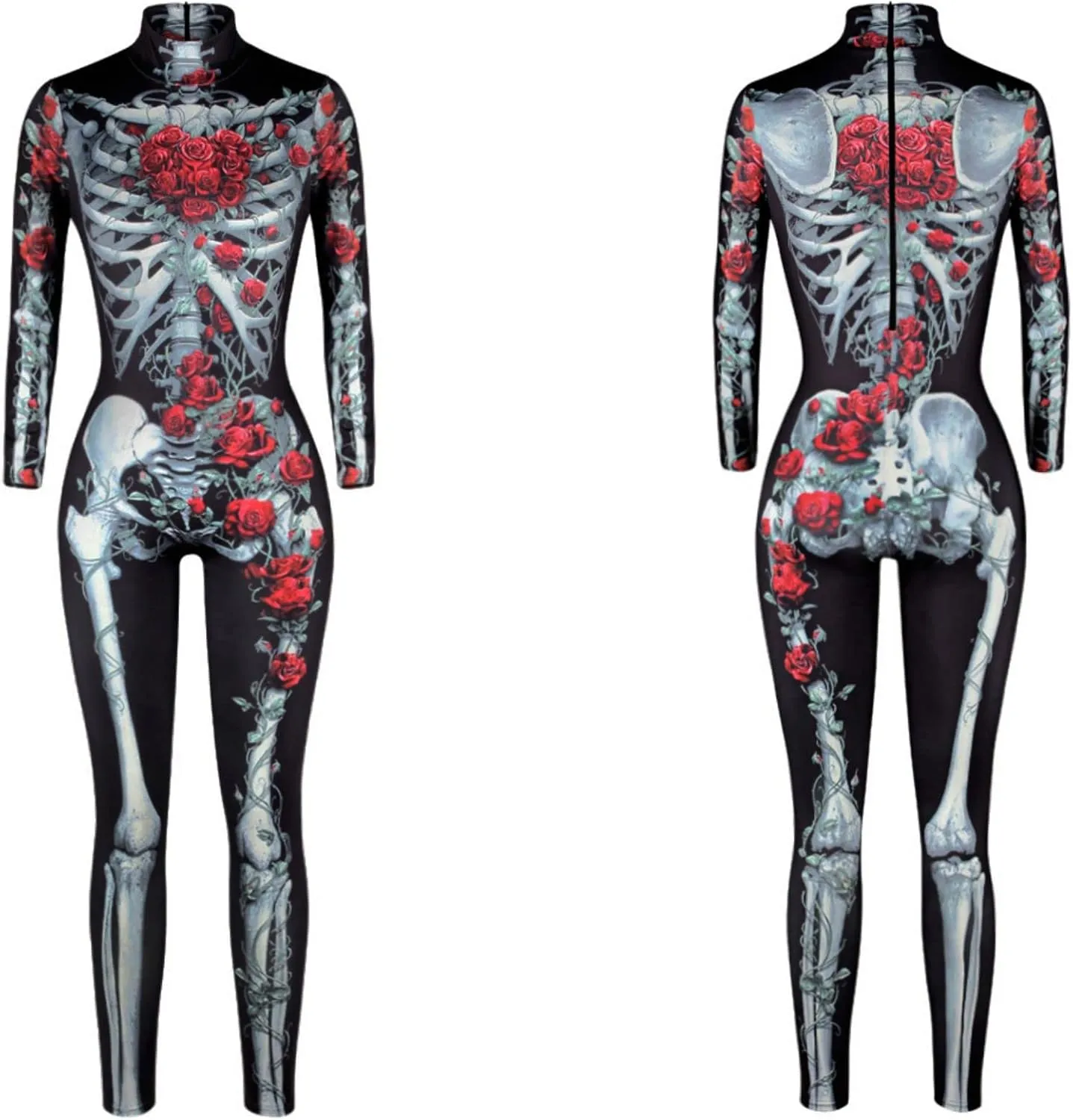 Women Ladies Halloween Cosplay Skull Skeleton Costume Jumpsuits Stretch Skinny Catsuit